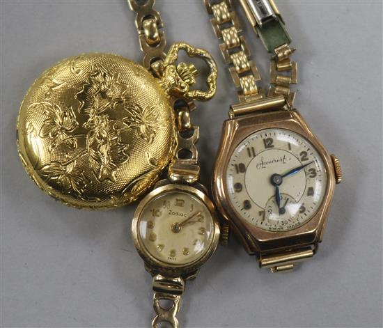 A ladies 9ct gold Zodiac wristwatch, a similar 9ct gold-cased Accurist watch and a Rotary gilt metal fob watch